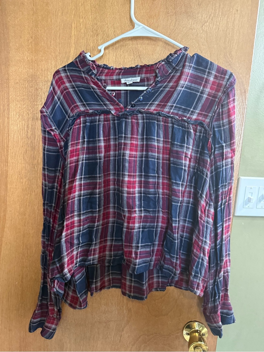 Women's Long Sleeve Plaid Ruffle Yoke Top - Red Navy